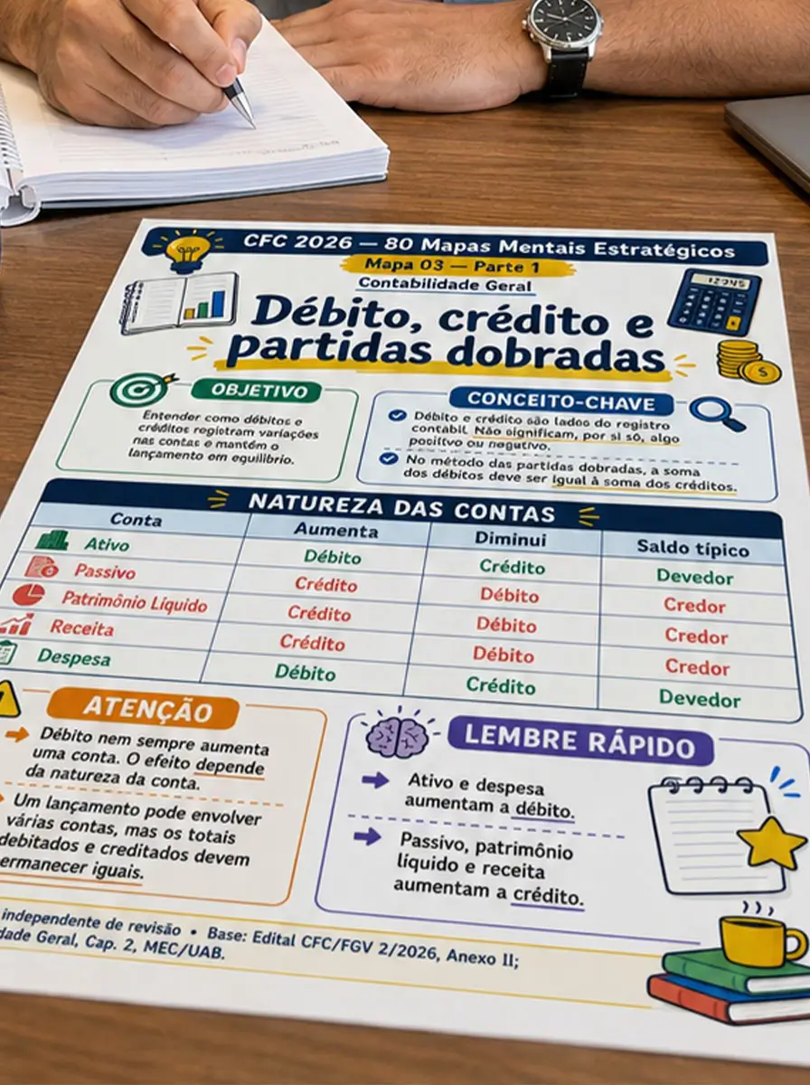 Mapa sobre débito, crédito e partidas dobradas em uso